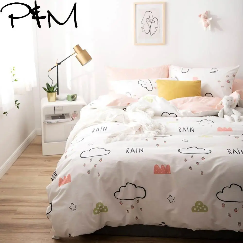 

Papa&Mima Clouds and strawberries print Cartoon style cotton Queen Twin size bedding set duvet cover flat sheet pillowcases