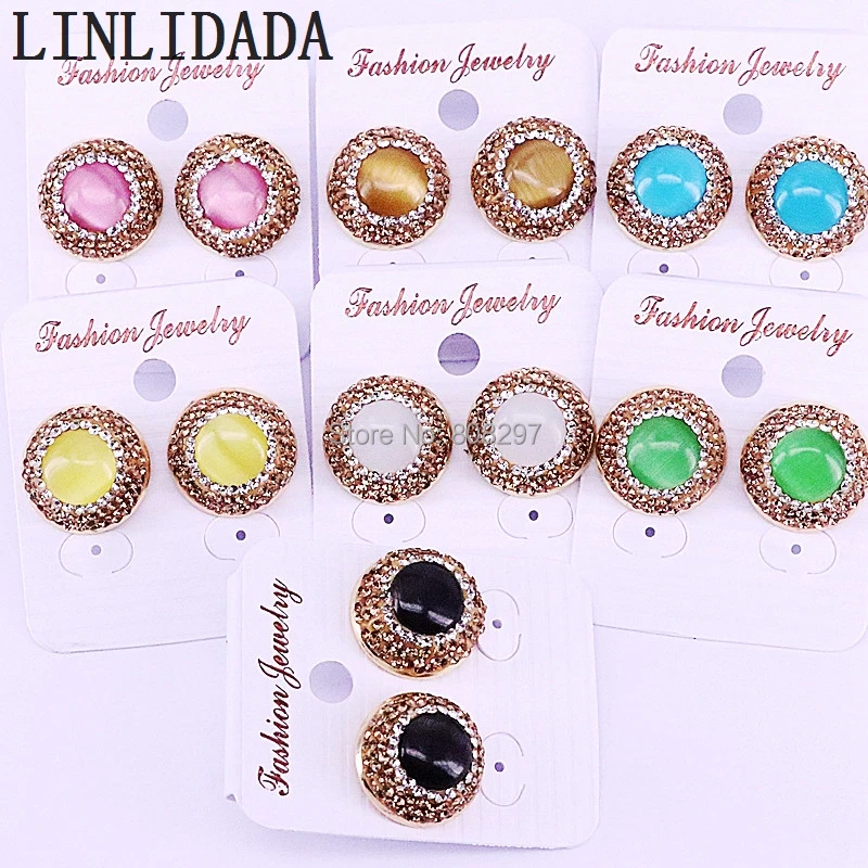 12 пар цветной "кошачий глаз" Камень круглые прелестные серьги горный хрусталь проложить драгоценный камень стильные серьги-гвоздики для женщин ювелирные изделия