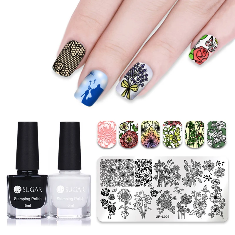 

UR SUGAR 5Pcs Stamping Polish Plate Set 7.5ml Black White Polish Spring Flower Series Template for Nail Decoration