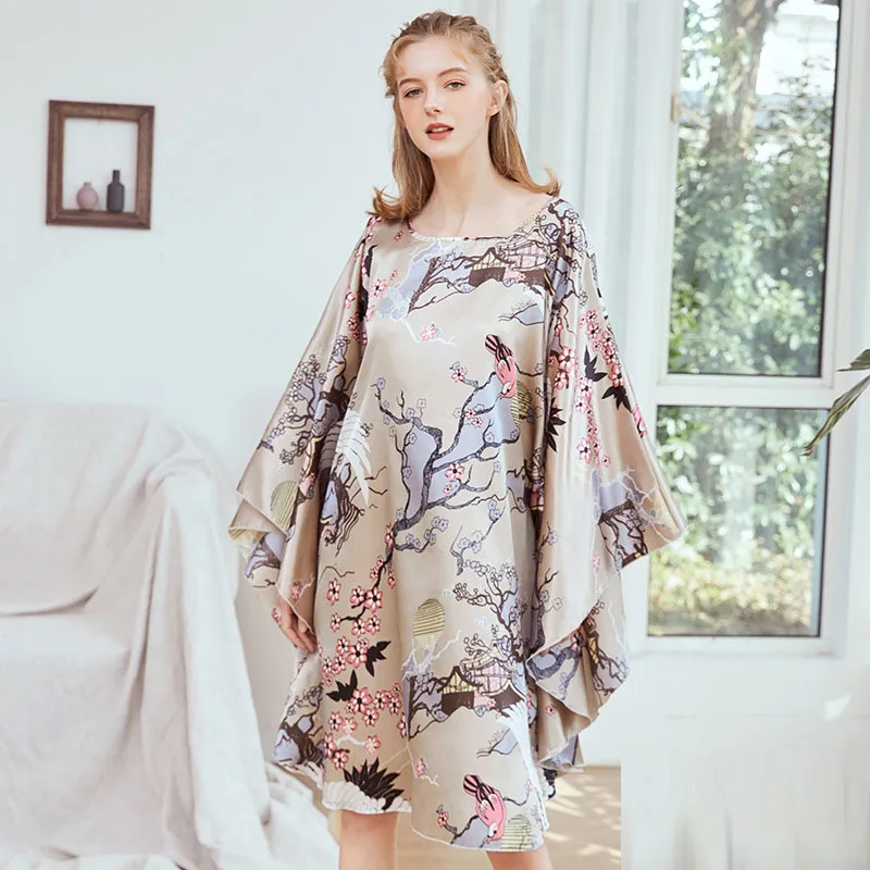 Women Long Sexy Silk Nightwear Satin Floral Sleepwear Bat Sleeve Knee Length Sleepshirts Wine Nightdress Night Wear Dress Gown - Цвет: Tan