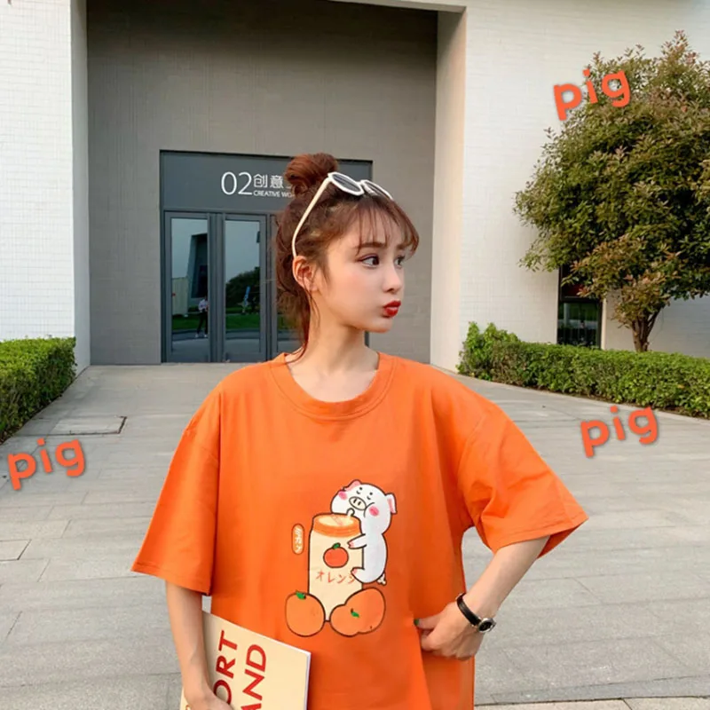 Летняя Новинка Harajuku Милая женская футболка большого размера персиковый мультяшный принт консервативный стиль Хлопковая женская футболка с коротким рукавом