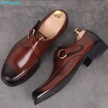 

QYFCIOUFU Round Toe Handmade Monk formal shoes men Genuine Cow Leather oxford shoes Mans Footwear Wedding Office Dress Shoes