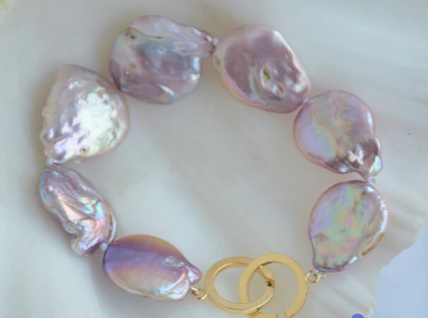 

000124 8" 22mm LAVENDER BAROQUE COIN KESHI REBORN PEARL BRACELET