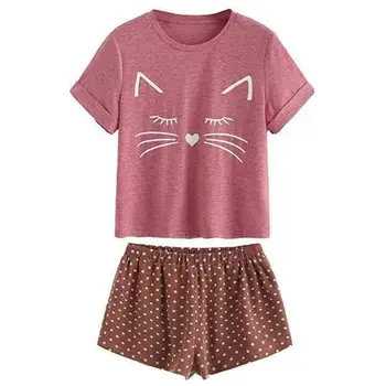 

Women Girls Short Sleeves Pajamas Set Cute Cat Loose T-Shirt Tops Polka Dot Ruffles Shorts Sleepwear Home Loungewear