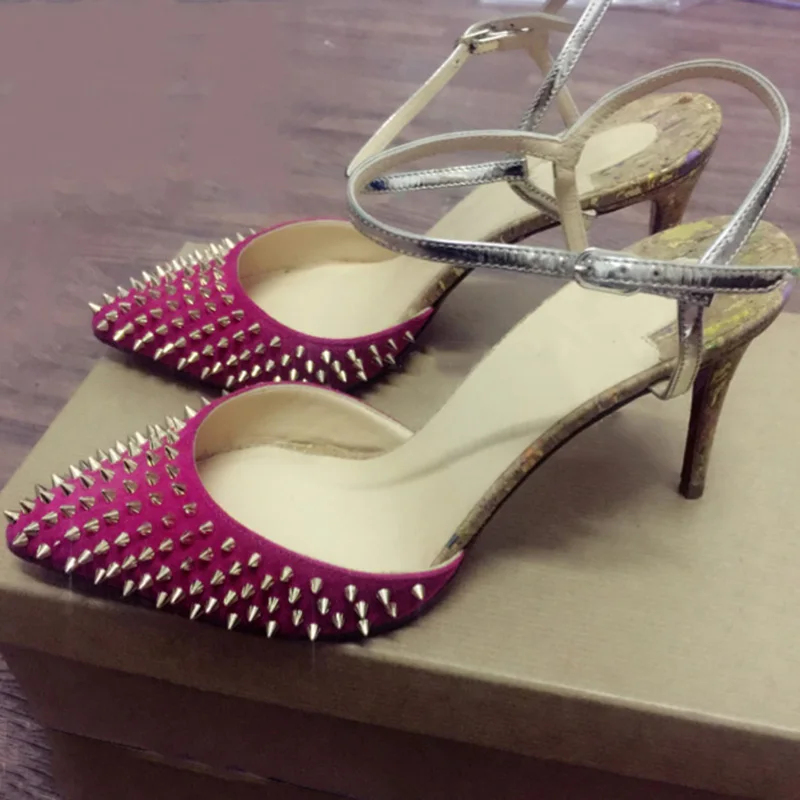 

Eunice Choo Rivet Studded Rosy Pointed Toe Women Party Pumps Slingback High Heels Summer Sandals Gold Buckle Strap Lady Shoes