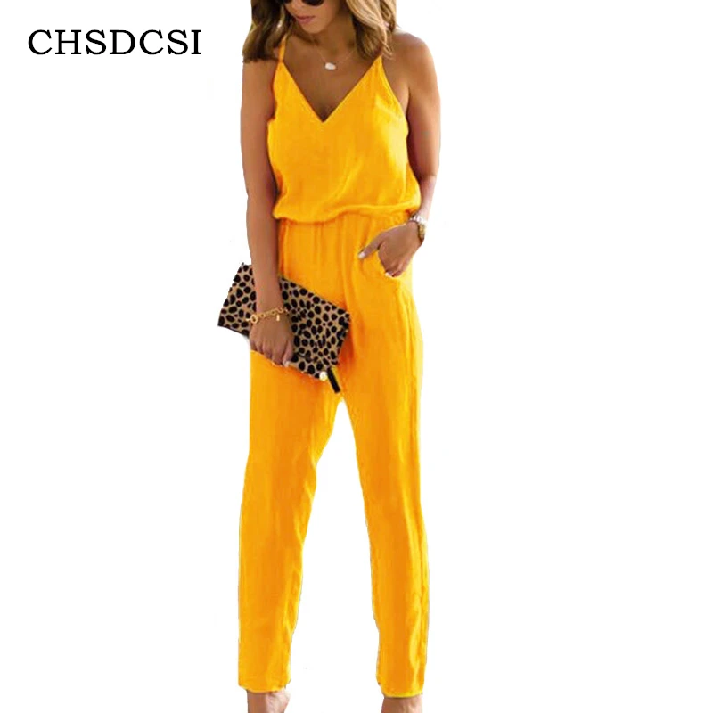

CHSDCSI Casual Women Backless Strap Jumpsuit Summer Bodysuit Pants Loose Long Sexy Playsuit V Neck Overalls for Women Rompers