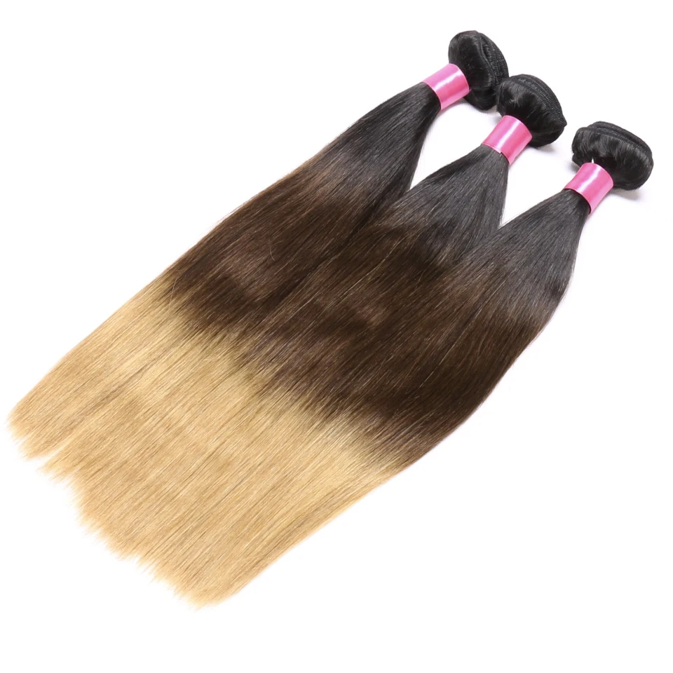 Chloe Hair Color 1B/4/27 Brazilian Straight Hair Weave 1 Piece Ombre Extensions Three Tone No Remy Bundles 10-26inch