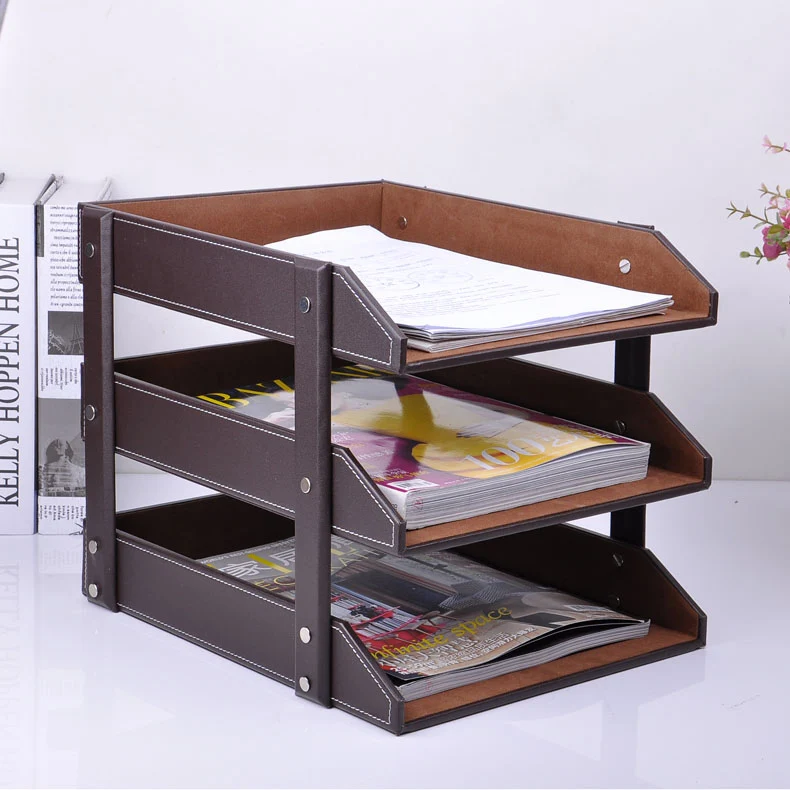 3 layer detachable wood leather desk filing tray box office organizer case document container brown 211A