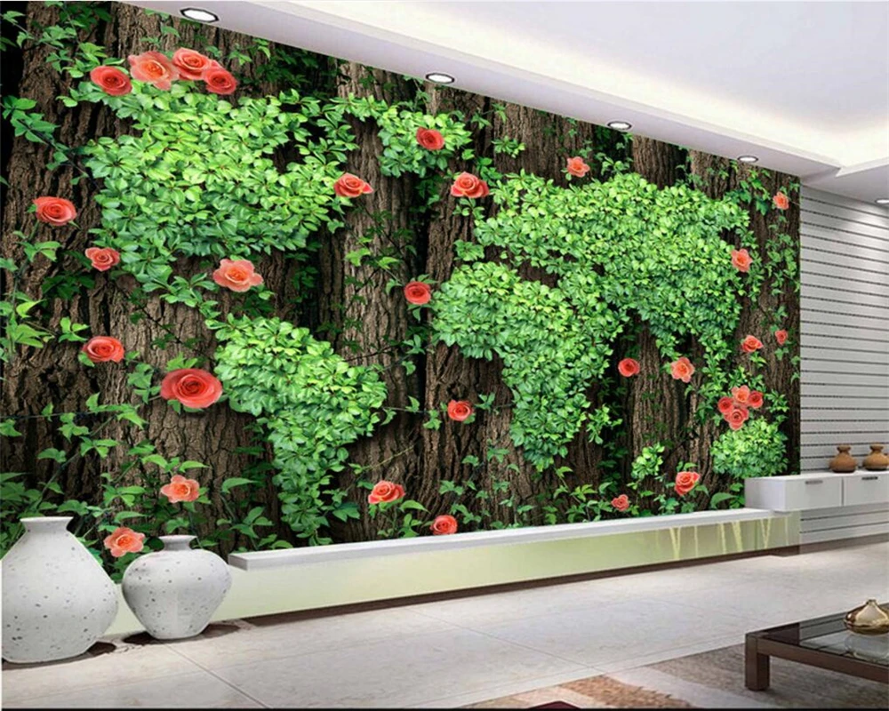 3D обои Beibehang с фотографиями деревьями розами лозой зелеными листьями