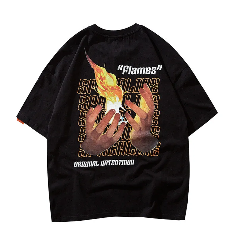 

2019 Summer Round Neck Street Style Printing Short-Sleeved Men's Personality Flame Five-Point Sleeves Hip-Hop Loose T-Shirt
