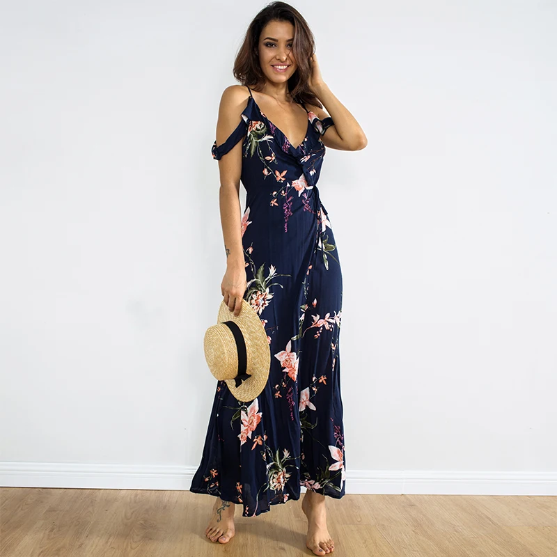 ShejoinSheenjoy Vintage Floral Print Women Long Dress Wrap Ruffle Frill V-Neck Short Sleeve Bohemian Casual Beach Maxi Dresses (16)