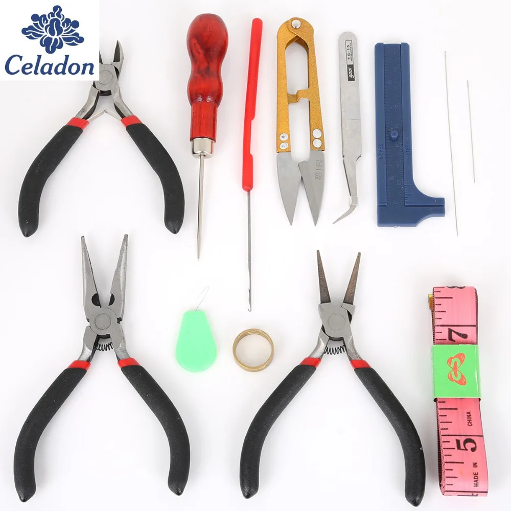 

New Arrival 13-16pcs/Set Stainless Steel Jewelry Beading Needles Findings Crimping Ruller Scissors Tweezer Crimper Pliers Tool