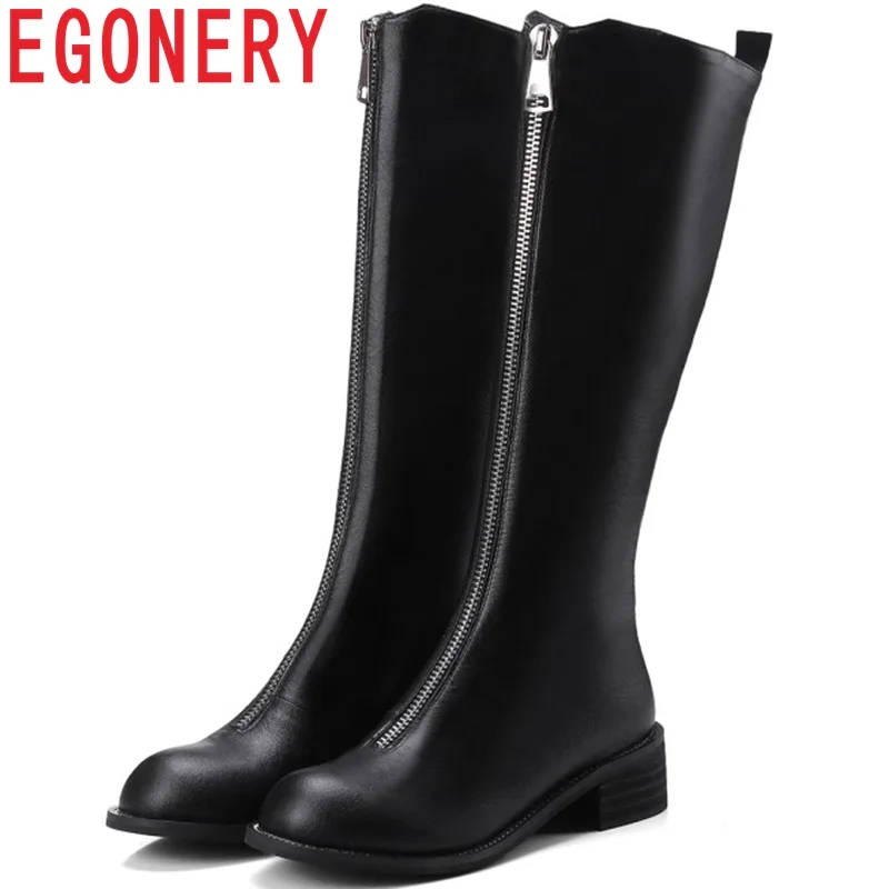 

EGONERY Sheepskin fashion concise winter spring warm women shoes 4cm heel soft genuine leather front zip knee-high long boots