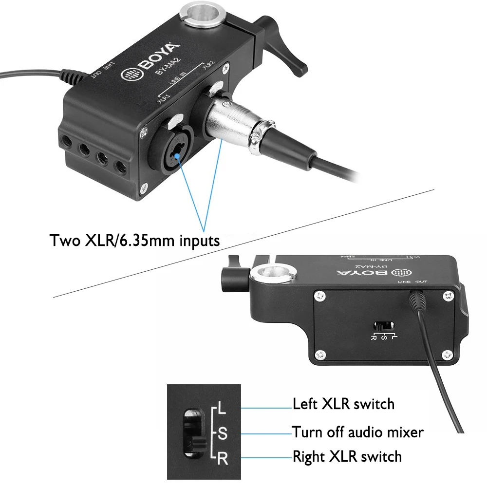 BOYA BY-MA2 двухканальный XLR Сделано в Китае XLR1/MIX/XLR2 переключается на 3,5 мм аудио адаптер смесителя для DSLR Камера видеокамера DV