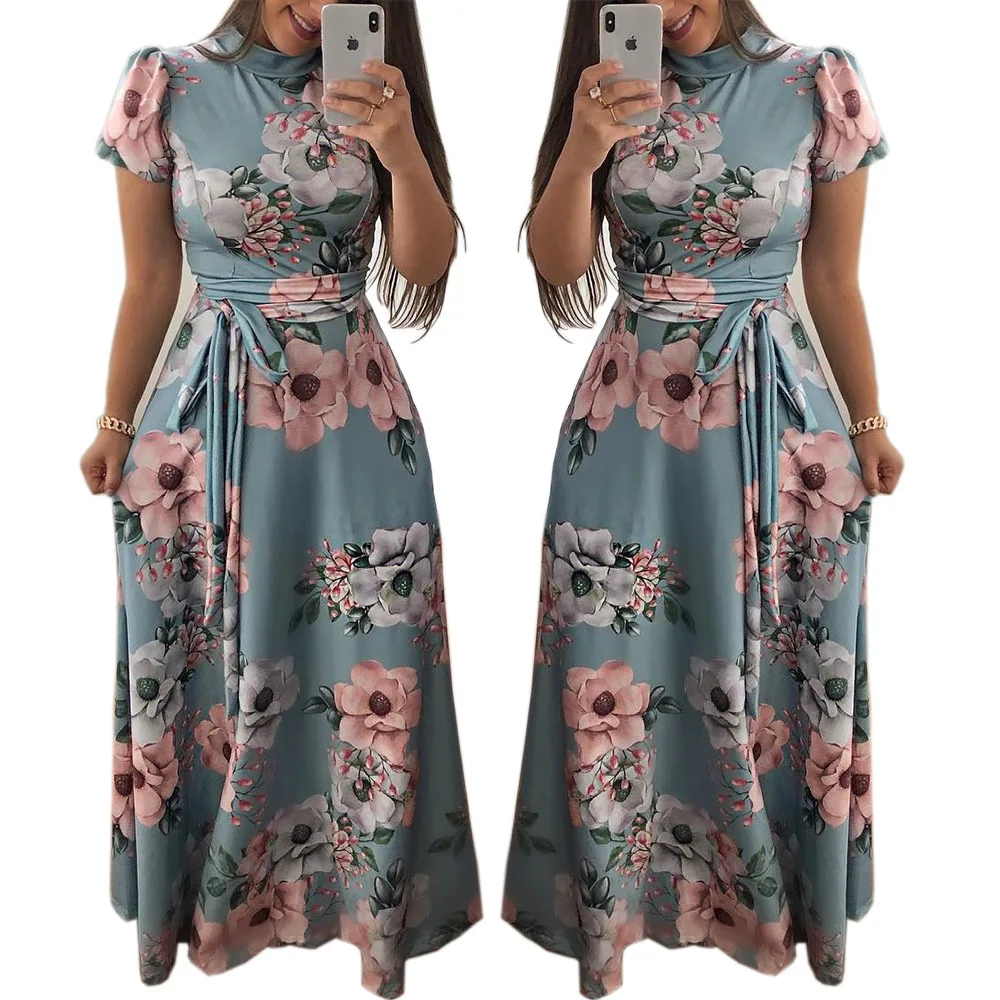 

Vestidos Brand Boho Beach Dress 5XL Plus Size Dresses Women Summer Turtle Neck Puff Sleeve Print Big Pendulum Long Dress Belt