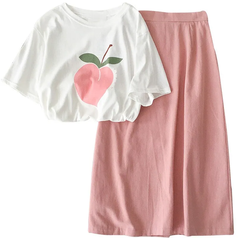 Летний персиковый комплект с милой юбкой, женский костюм из двух предметов, повседневная Корейская футболка с короткими рукавами, юбка с