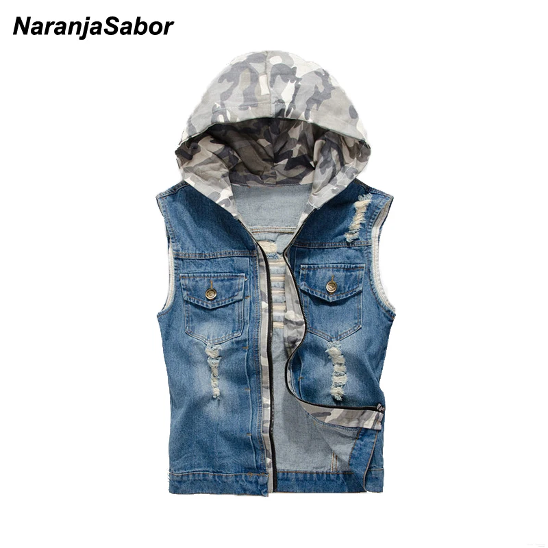 

NaranjaSabor 2019 Spring Mens Denim Vests Camouflage Hooded Casual Jeans Jackets Sleeveless Coats Waistcoat Mens Brand Clothing
