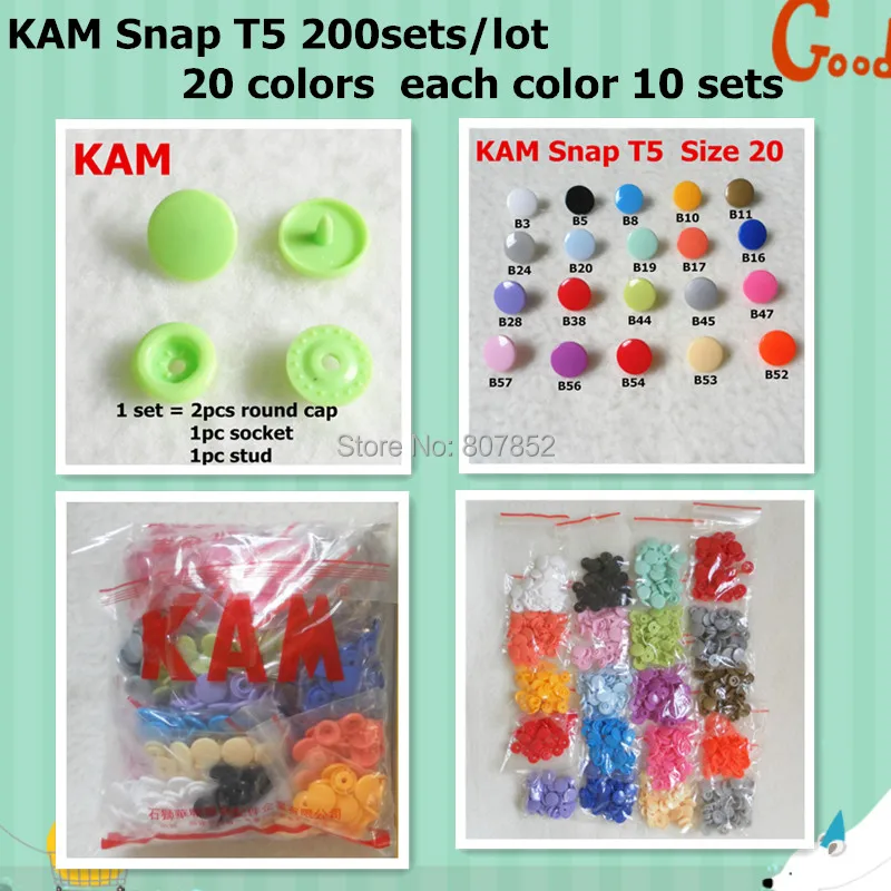 

( 20 colors mixed ) 200sets Glossy T5 size 20 Kam Snaps Buttons Plastic Resin Fasteners for Baby Diaper