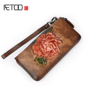 

AETOO Leather wallet head cowhide retro long zipper wallet Large capacity European and American fashion hand grab Bag