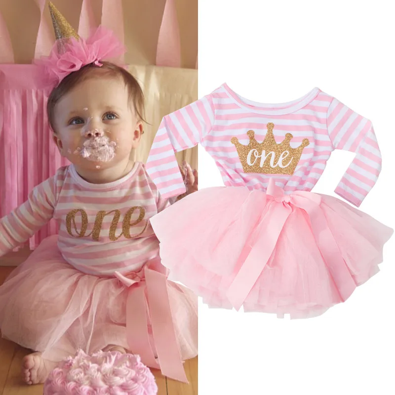 

First Years Baby Girls Birthday Outfit Long Sleeve Striped Tutu Dresses For Babies Toddler litter Princess Christening Clothes