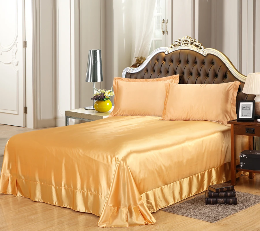 Gold Luxury 1pcs Silk / satin Flat Sheets Bed Sheet Bedclothes Bedding Twin Queen King size