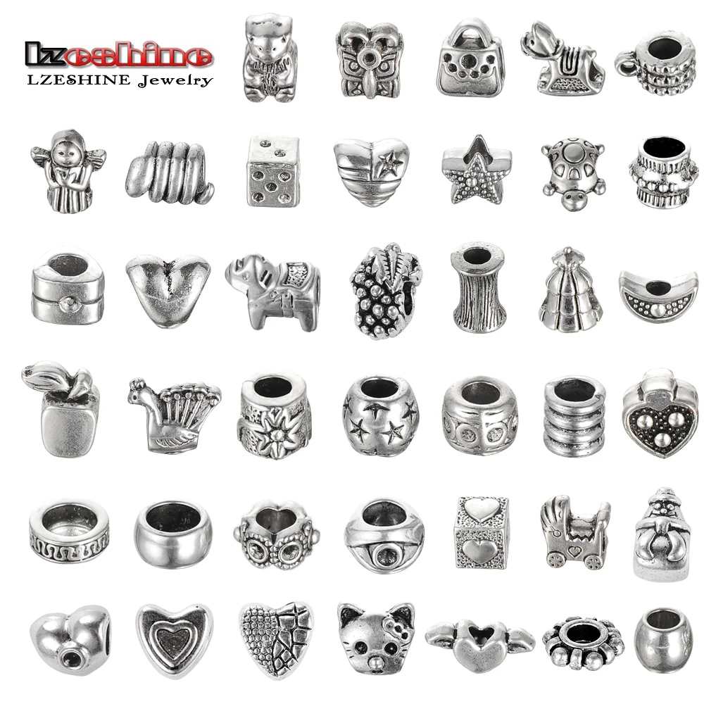 

LZESHINE Brand Wholesale Lots Tibetan Silver Bulk Lots 40Pcs Mixed Beads/Abalorios Fit European Bracelet prata tibetana PA-Amix1