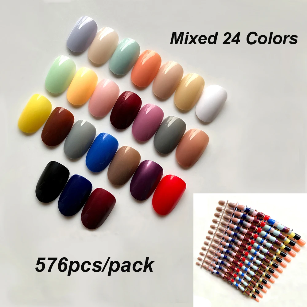 

576pcs/pack Mixed Candy 24 Colors Full Short Round Nail Tips Soft Oval Head Fake Nails Acrylic False Nail Art Salon Tips