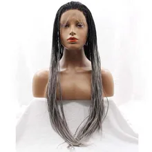 DLME 26″ 18″ Two tones black to grey lace front braided hair wigs synthetic glueless ombre silver color wig cap africa women