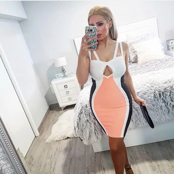 

2019 New Women Sexy Spaghetti Strap light Orange Patchwork Bandage Dress Bodyocn V Neck Summer Party Night Vestidos Wholesale