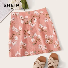 SHEIN юбка с цветочным принтом и пуговицами спереди, Boho, трапециевидная Осенняя Бархатная мини-юбка средней посадки, розовая женская простая короткая юбка