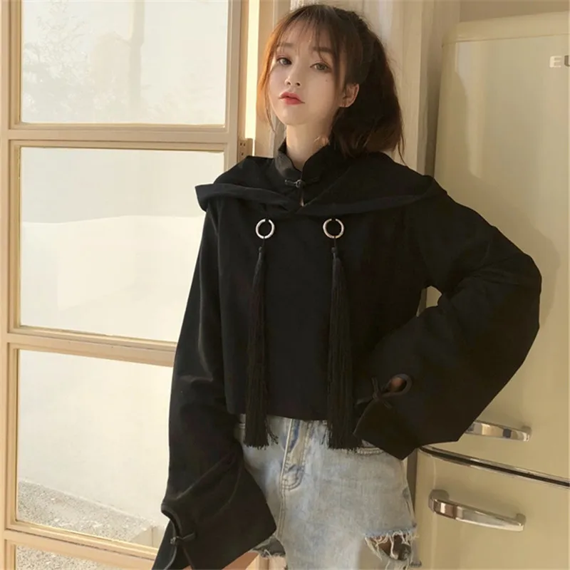 Готический винтажный черный женский укороченный худи Kpop панк Harajuku милый пуловер с кисточками японский однотонный крутой свитер для девочек Kawaii