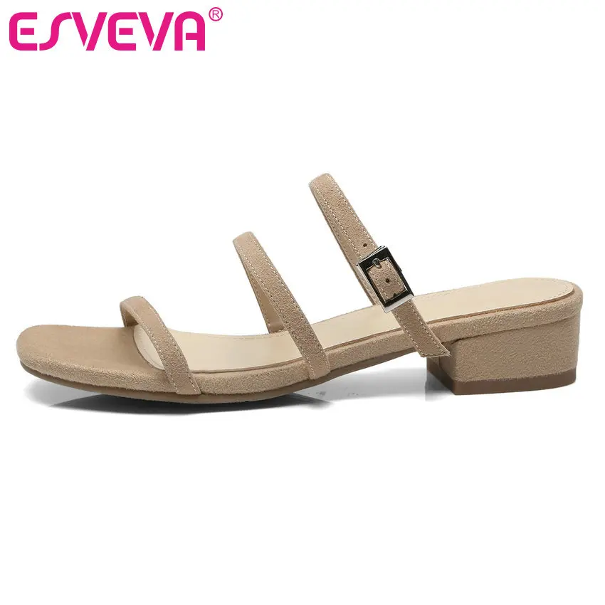 

ESVEVA 2019 Women Sandal Square Med Heel Kid Suede+PU Square Toe Slip on Buckle Hollow Slingback Summer Pumps Size 34-40