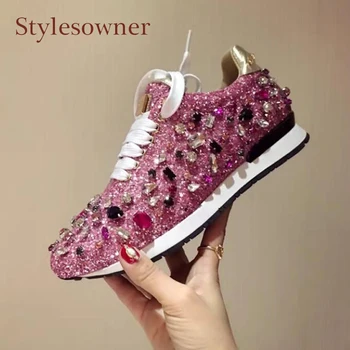 

Stylesowner luxury rhinestones sneakers lace up bling bling mixed color flat shoes crystal paillette cozy women casual shoes new