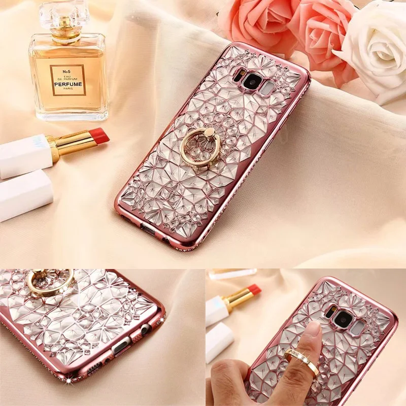 

S8 S8+ Plating Frame + 3D Diamond Sun Flower Pattern Case For Samsung Galaxy S8 S8Plus Kickstand Metal Ring Stand Cases Cover