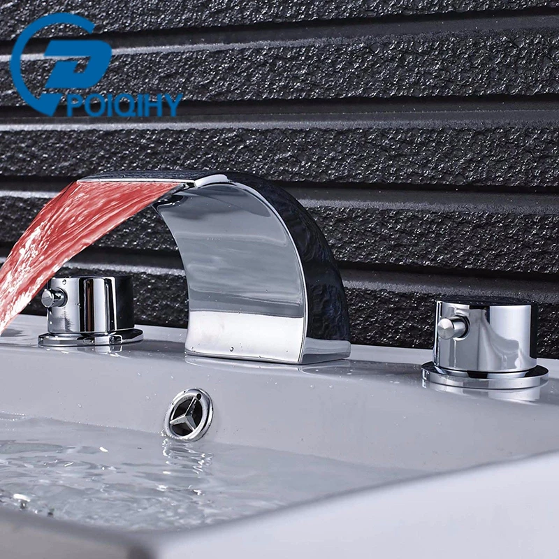 

POIQIHY LED 3PCS Basin Sink Faucet Chrome Waterfall Spout Deck Mounted Dual Handles 3 Holes Cold Hot Water Bathroom Mixer tap