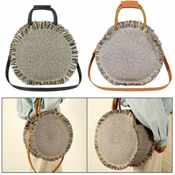 

Round Rattan Bag Handmade Straw Woven Circle Crossbody Handag for Women