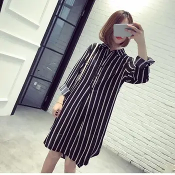 

New Summer Striped Vestidos Women's Casual Turn-down Collar Long Sleeve Loose Plus Size 4XL Shift Dress 7472