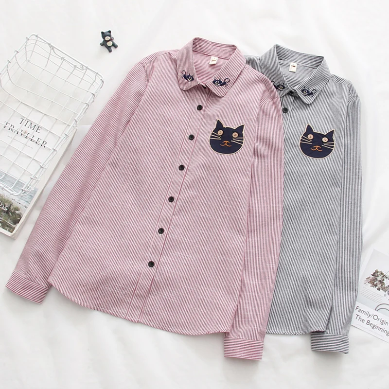 

Dioufond Women Embroidery Shirt Cat School Blouses Office Ladies Tops Female Blusas Plus Size Embroidered Work Shirt Autumn 2019