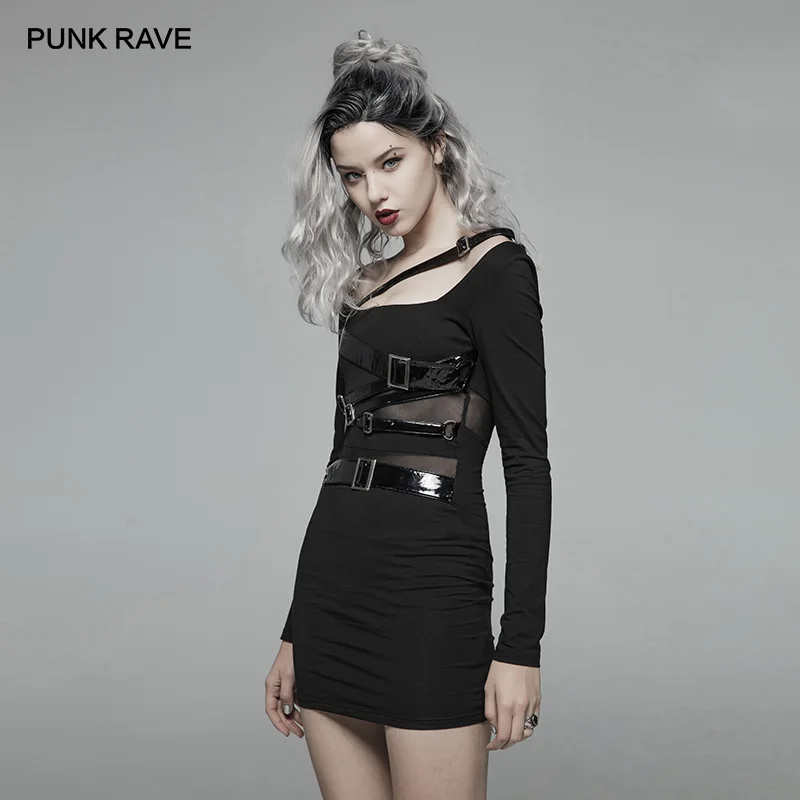 

PUNK RAVE Women's Gothic PU Leather Loop Straps Sexy Dress Long Sleeve Black A-line Mini Dress Party Personality Women Dress