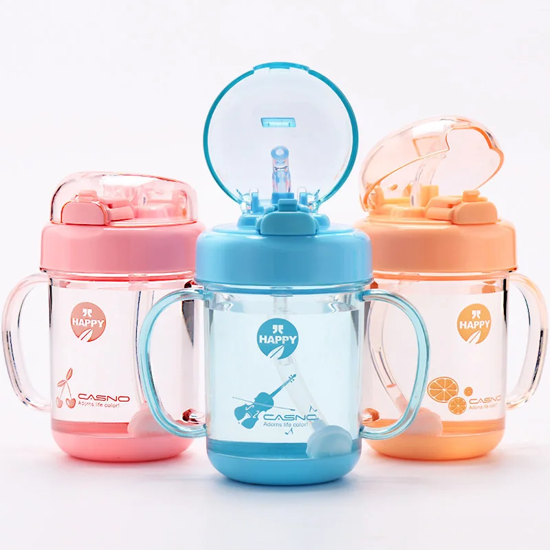 

Baby Double Handle Drinking Water Training Water Kettle Food Grade Plastic Slide Cover Milk Straw Bottle 290 ml Children's Mini