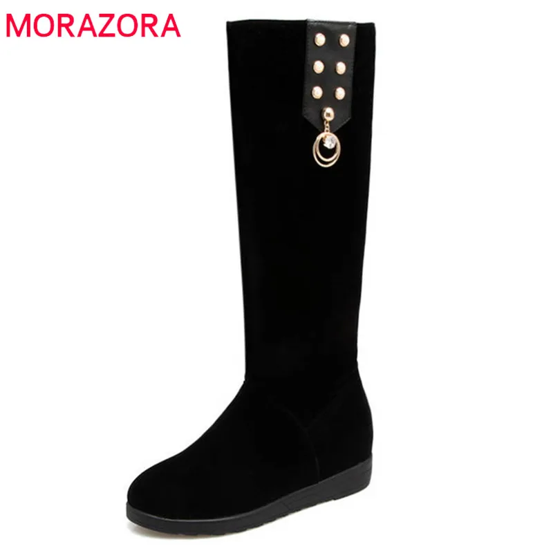 

MORAZORA 2020 New Fashion women's boots flock solid colors autumn winter boots slip on rivet casual shoes woman knee high boots
