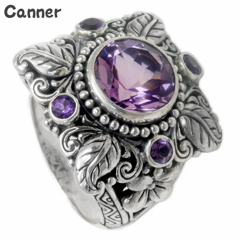 

Canner Women Vintage Purple Zircon Round Shape Rings Boho Flower Engagement Wedding Rings Fashion Jewelry W25