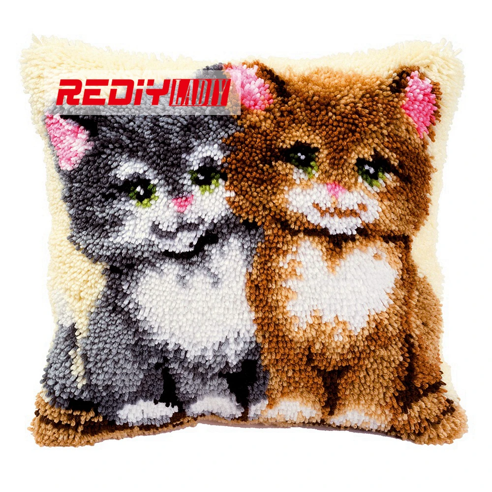 

HOT 3D Latch Hook Cushion Kits Gift DIY Needlework Crocheting Throw Pillow Unfinished Yarn Embroidery Pillowcase Two Kittens