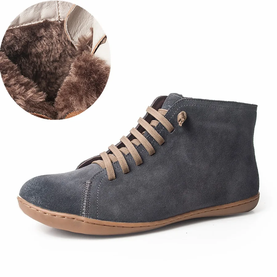 Мужские зимние ботинки из натуральной кожи; сезон весна; мужская обувь на плоской подошве; короткие коричневые ботинки на меху; коллекция года; мужские ботинки на шнуровке - Цвет: Dark gray suede fur