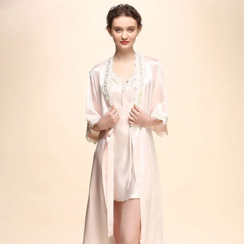 

CEARPION Spring Summer New Silk Women Robe Set Lace Trim Soild Half Sleeve Kimono Bathrobe Gown Sexy Lady Casual Home Clothes