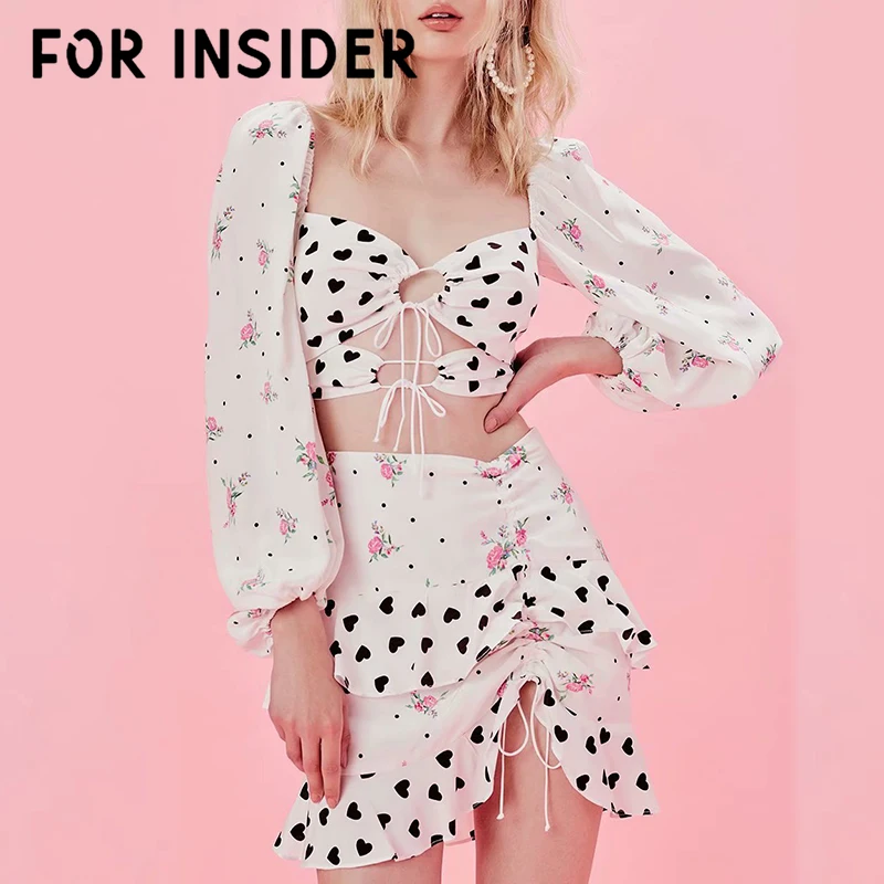 ل الداخل الأزهار القلب كم طويل ابيض 2 قطعة الدعاوى المرأتين قطعة مجموعة الفرقة الزي فام كشكش عارضة البسيطة تنورة أعلى