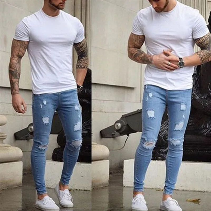 

Newest Arrivals Skinny Jeans Men's Long Straight Leg Slim Fit Casual Hole Strech Denim Pants Clubwear Fashion Hot Plus W3
