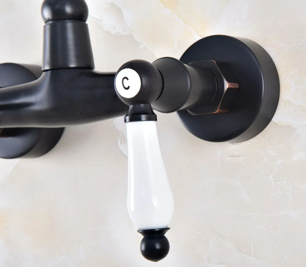 Kitchen Wet Bar Bathroom Vessel Sink Faucet Black Oil Rubbed Brass Wall Mounted Swivel Spout Mixer Tap Dual Ceramic Lever mnf825