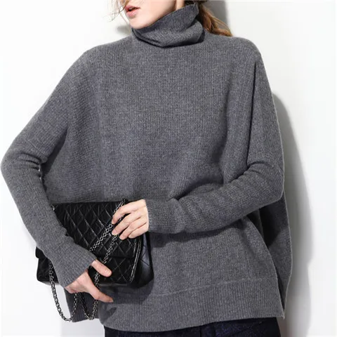 Корейский стиль, чистый кашемир, вязаный женский Повседневный свитер, рукав летучая мышь, водолазка, Свободный пуловер, свитер, сплошной цвет, S-L - Цвет: grey