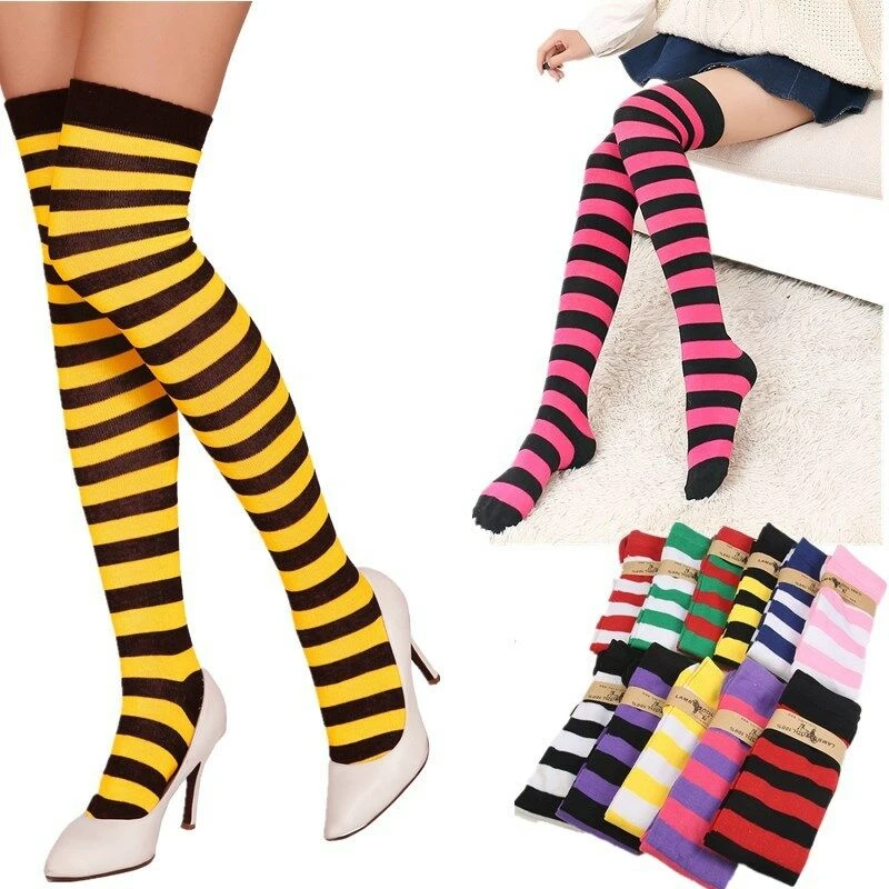 

1Pair New Women Girls Over Knee Long Stockings Stripe Printed Thigh High Patterned Stocking 11 Colors Sweet Cute Warm Wholesale
